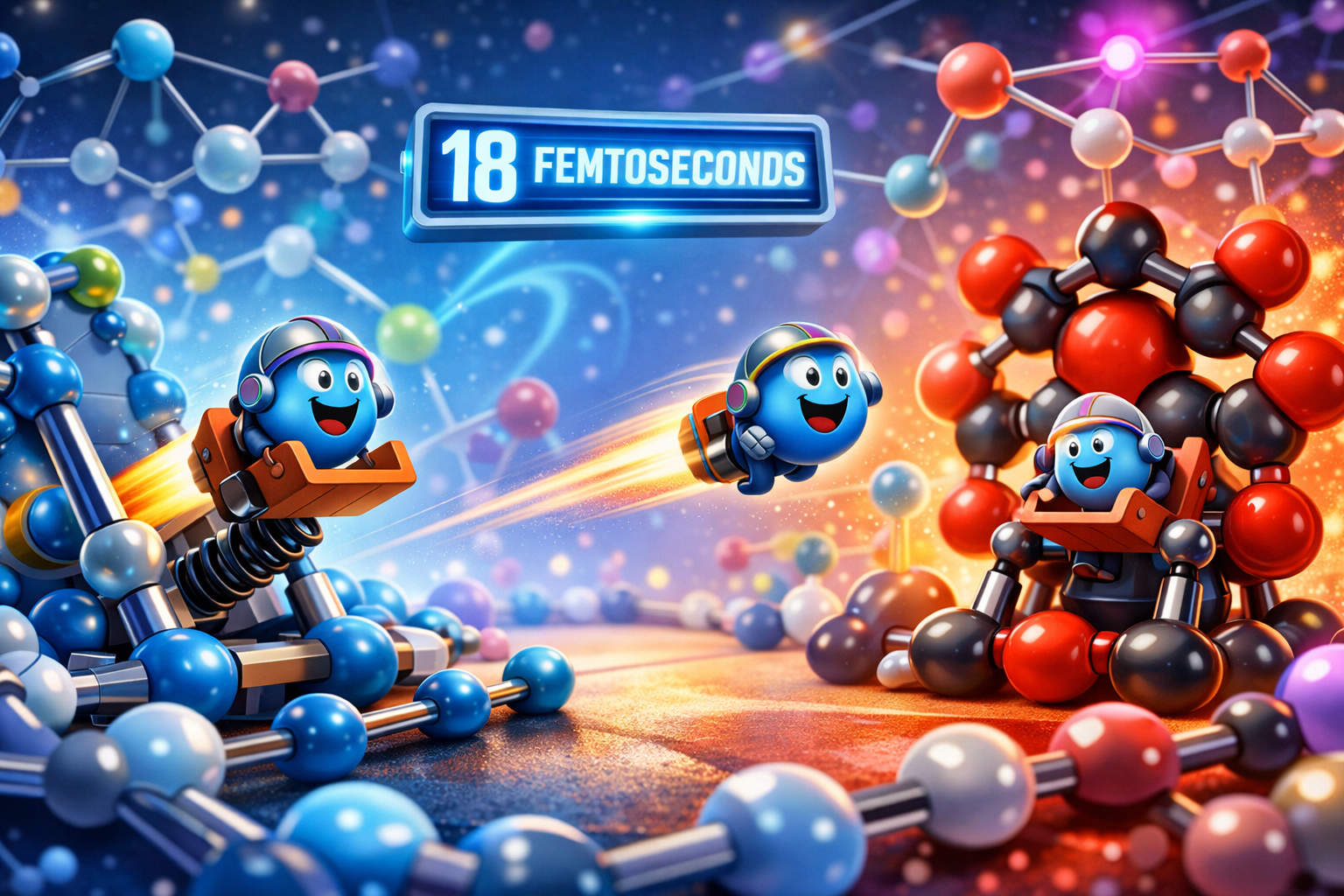 Ilustración conceptual: las vibraciones de una molécula actúan como una catapulta molecular que impulsa electrones entre materiales en apenas 18 femtosegundos, el mismo ritmo al que vibran los átomos