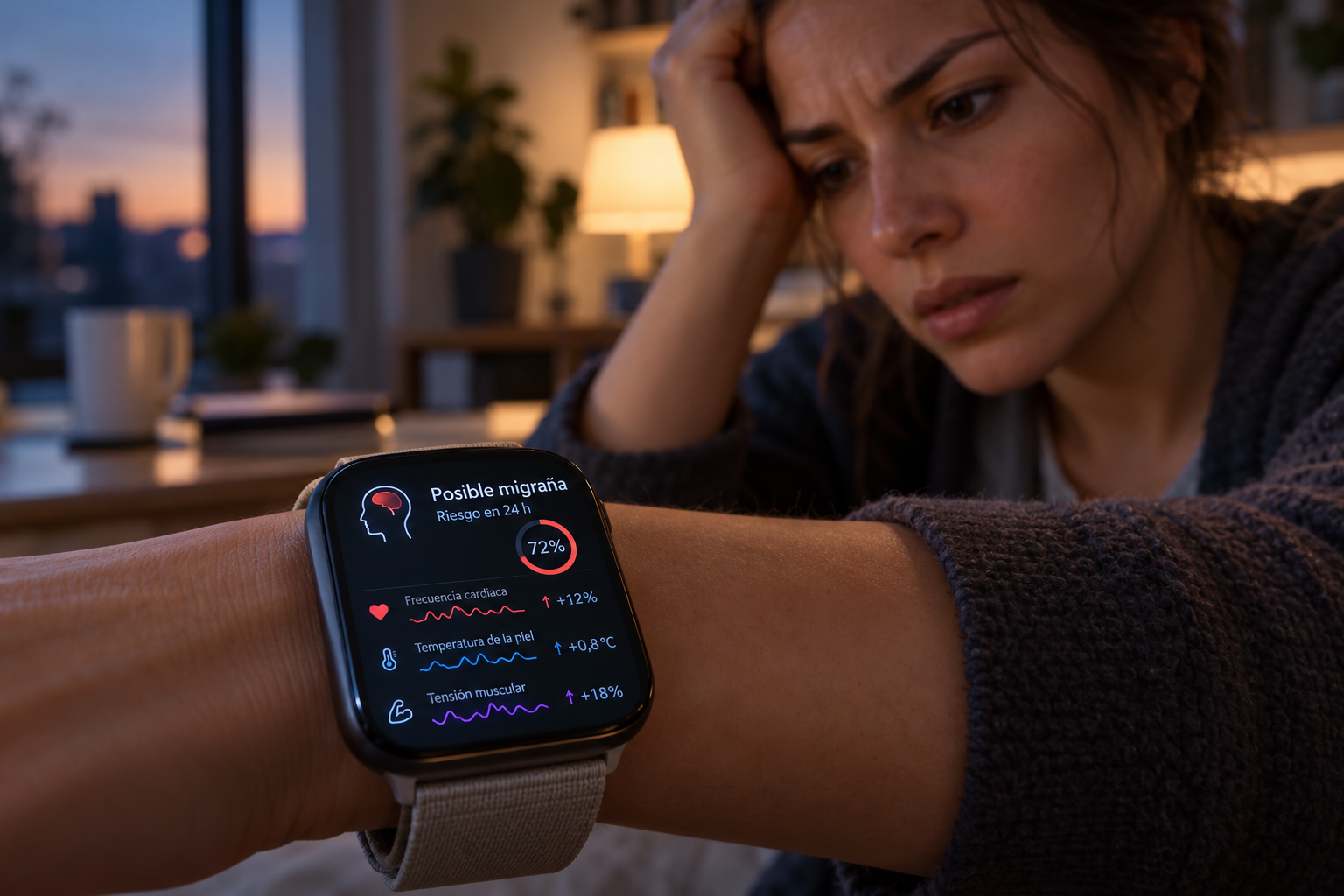 Recreación de un reloj inteligente que alerta de una posible migraña con 24 horas de antelación mediante el análisis de señales fisiológicas con inteligencia artificial.