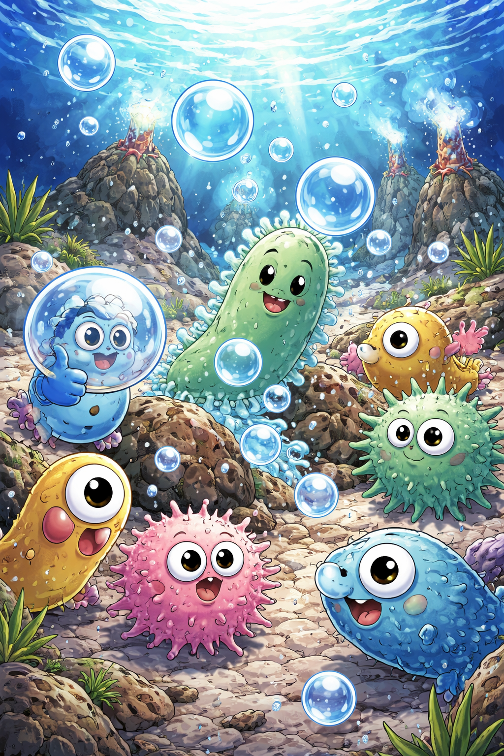 Ilustración artística de microorganismos primitivos en los océanos tempranos de la Tierra, donde algunas formas de vida pudieron comenzar a aprovechar pequeñas cantidades de oxígeno mucho antes de que este se acumulara en la atmósfera.