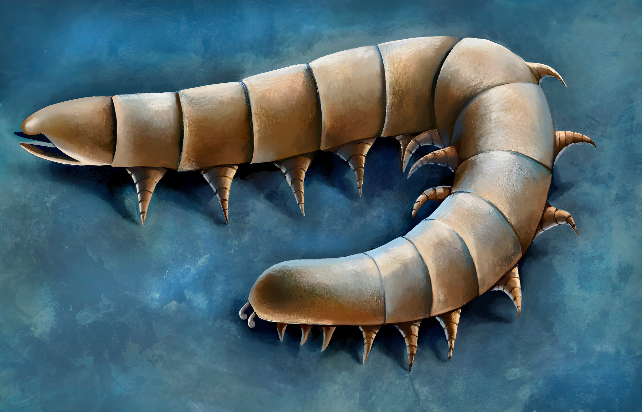 Reconstrucción artística de Waukartus muscularis, el antiguo artrópodo marino del Silúrico hallado en Wisconsin que podría representar una de las formas más primitivas del linaje evolutivo de los milpiés y ciempiés actuales.