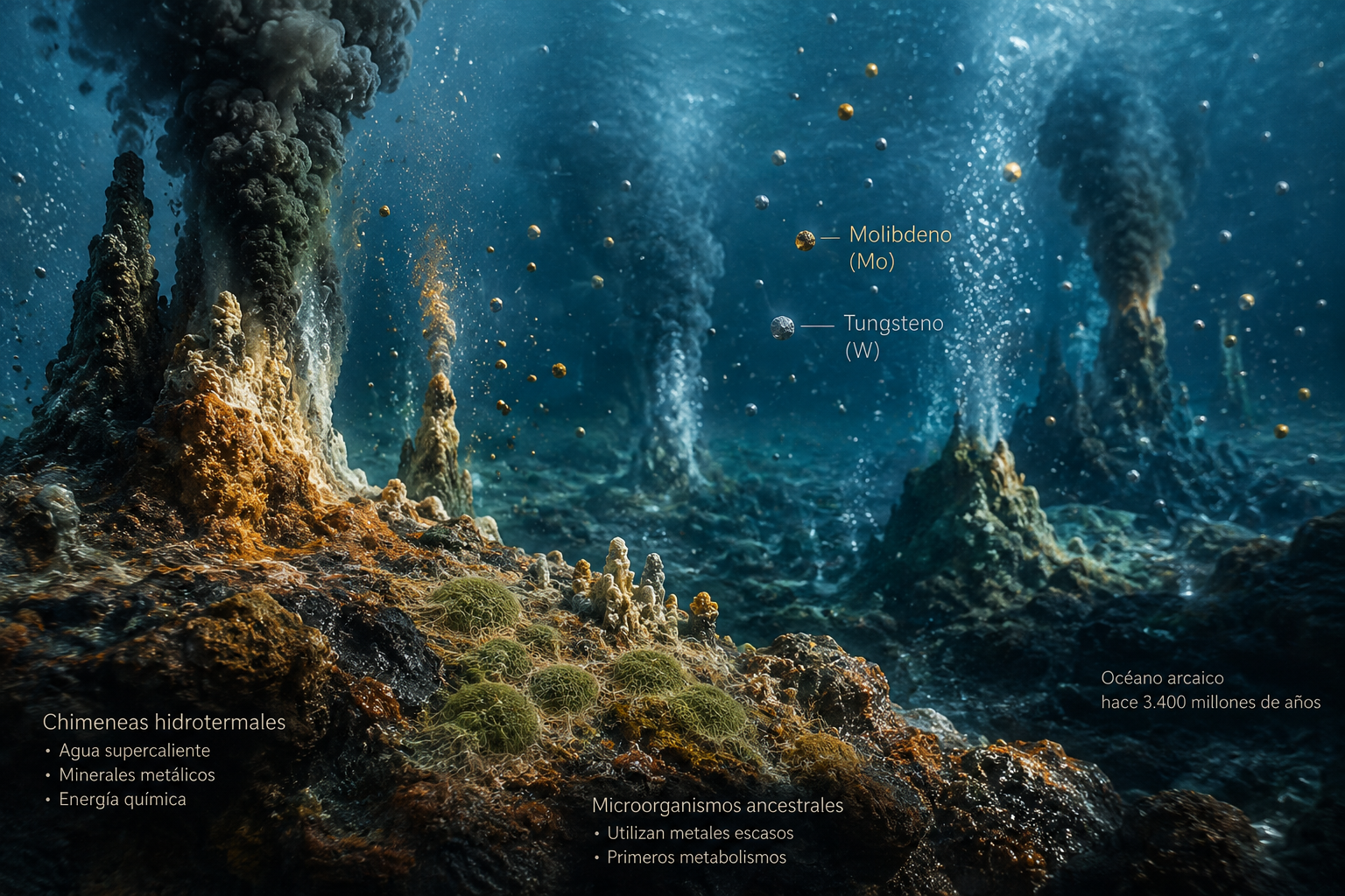Reconstrucción artística de un océano de la Tierra primitiva hace más de 3.400 millones de años. Las chimeneas hidrotermales submarinas expulsaban agua rica en minerales y metales escasos como el molibdeno y el tungsteno.