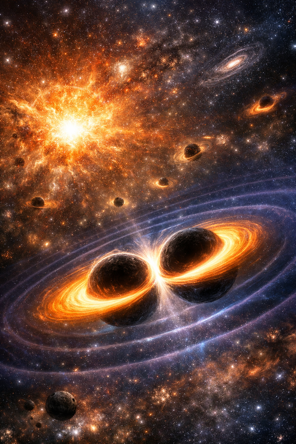 Ilustración artística de la fusión de dos agujeros negros primordiales en el universo temprano, un fenómeno que podría explicar señales recientes detectadas por LIGO y arrojar luz sobre el origen de la materia oscura.