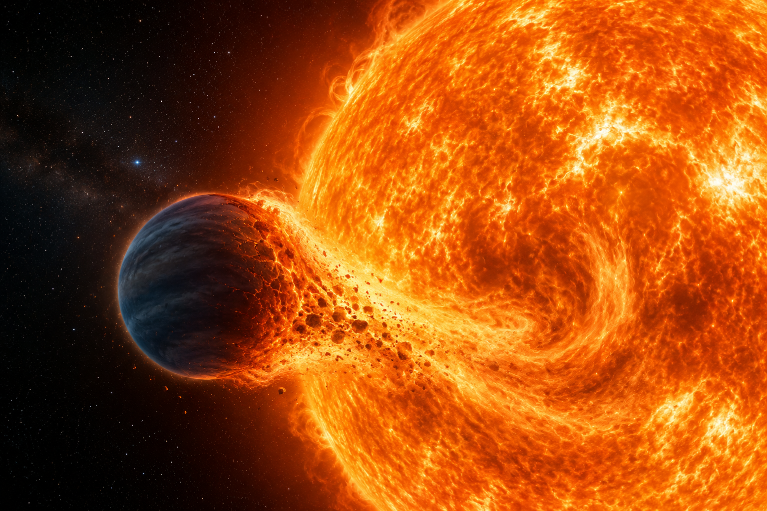Esta ilustración recrea el dramático destino de un planeta gigante que está siendo destruido por su estrella anfitriona, un fenómeno que podría estar ocurriendo en el sistema TOI-5882, situado a más de 1.300 años luz de la Tierra.