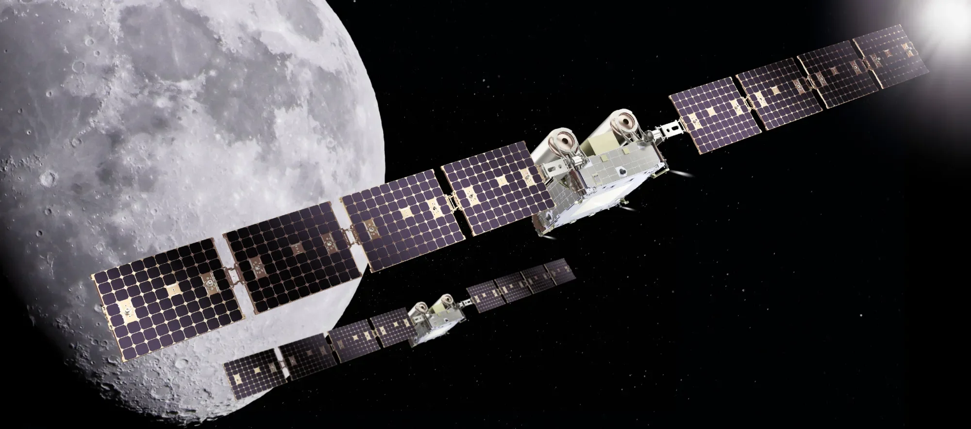 Recreación de CAPSTONE 02, la misión de la NASA que utilizará dos pequeños satélites para ensayar aproximaciones, navegación autónoma y comunicaciones alrededor de la Luna. Su lanzamiento está previsto para 2027.
