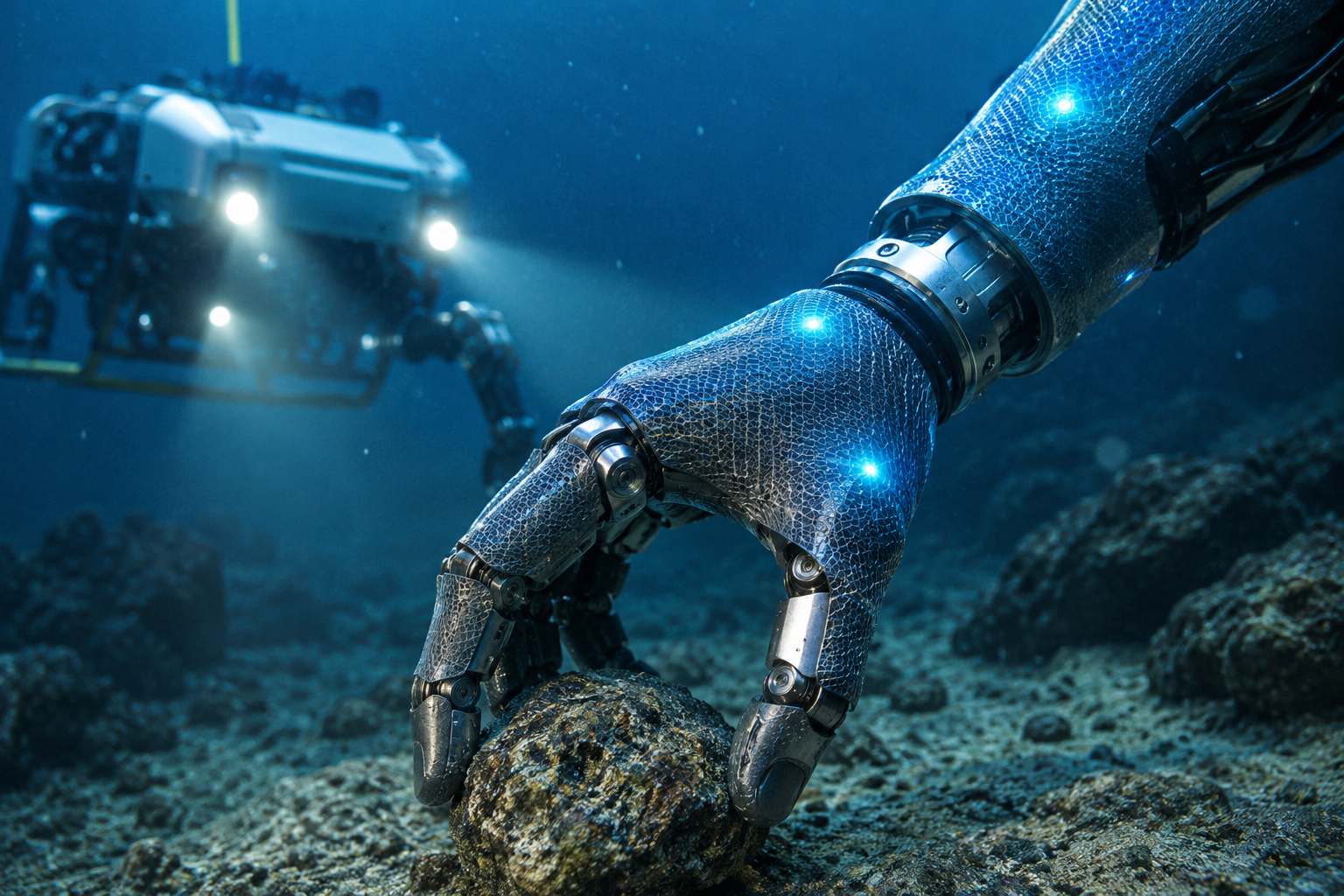 Imagen futurista de un brazo robótico recubierto con una piel electrónica autorreparable que manipula objetos en el fondo marino.