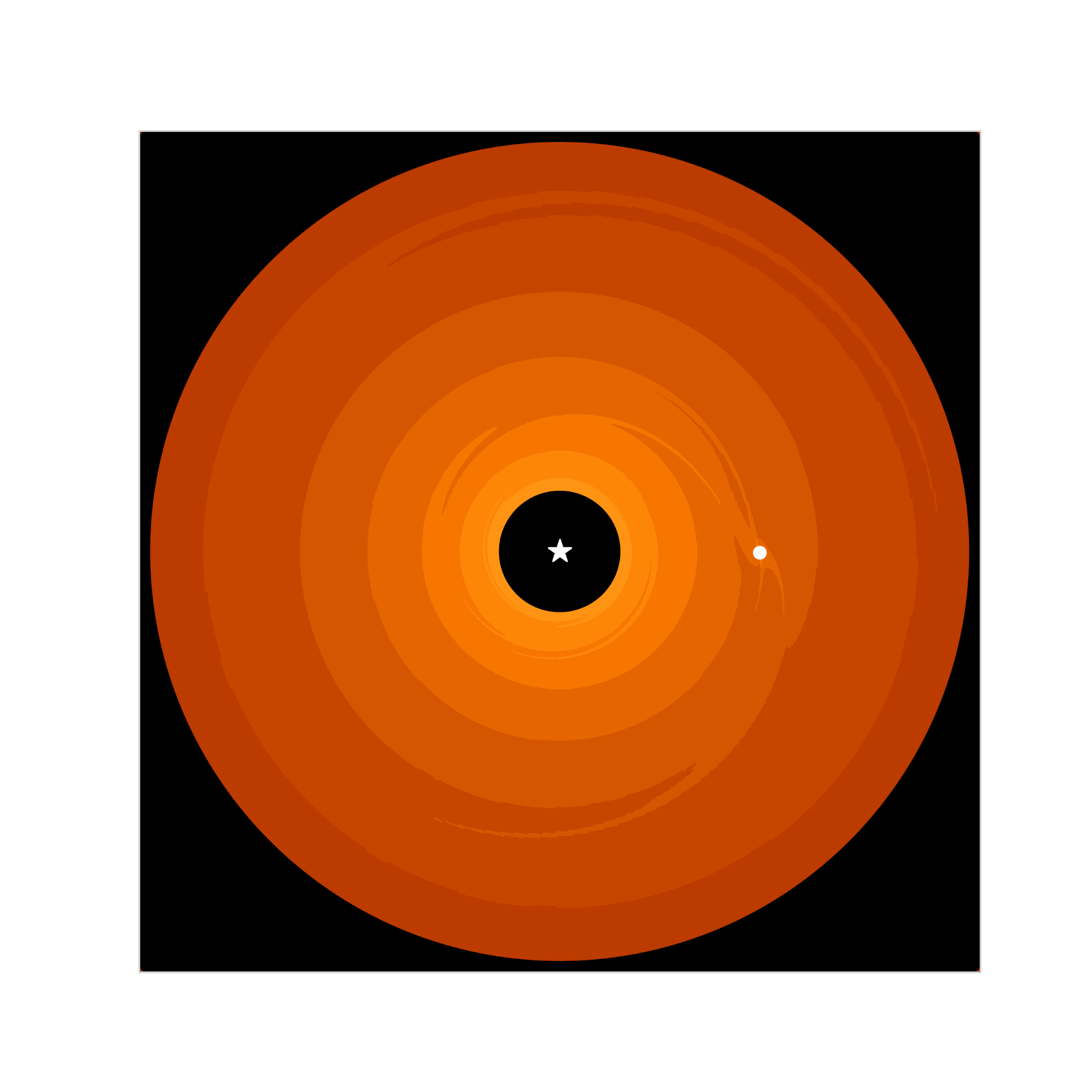 simulación de un planeta en formación inmerso en un disco protoplanetario. Su gravedad altera el gas y el polvo circundantes, creando un hueco y provocando la acumulación de material en un anillo exterior a su órbita.