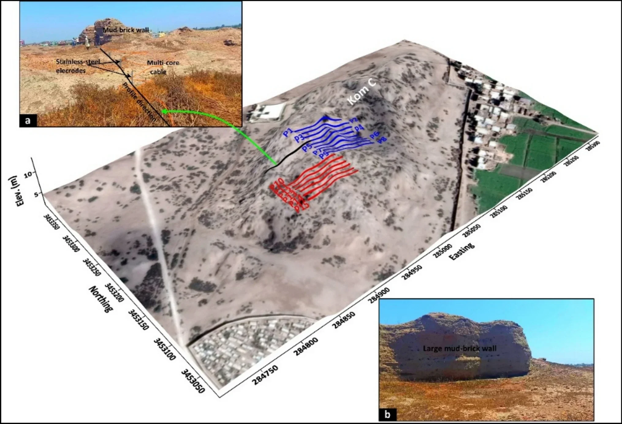 Geometría y disposición del estudio de tomografía de resistividad eléctrica (ERT) en Buto: los perfiles en azul (Grupo A) y en rojo (Grupo B) muestran las zonas analizadas para detectar estructuras enterradas.