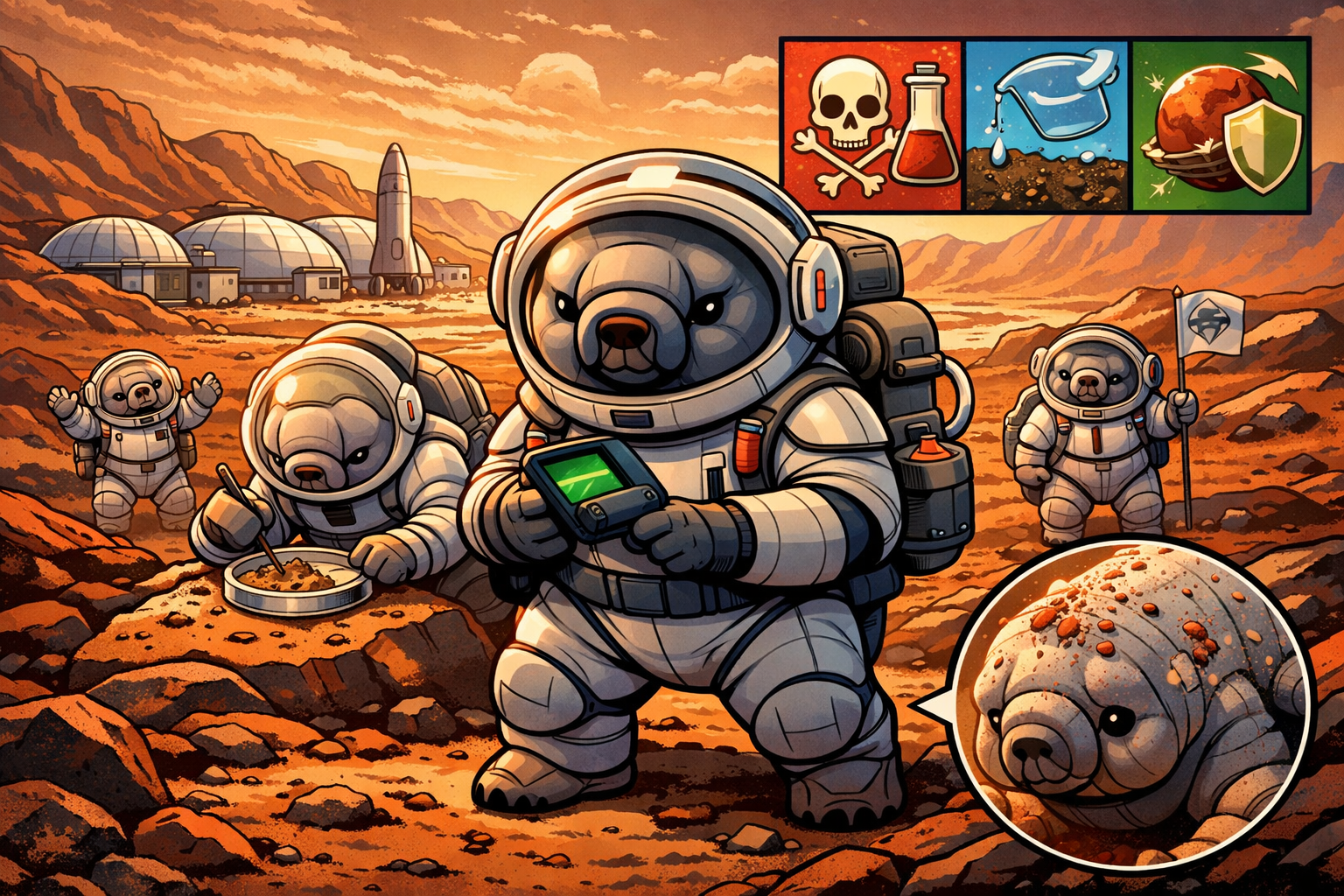 Ilustración conceptual de tardígrados como exploradores en la superficie de Marte: una metáfora visual de cómo estos microscópicos osos de agua ayudan a estudiar la toxicidad del suelo marciano y su potencial para sostener vida.