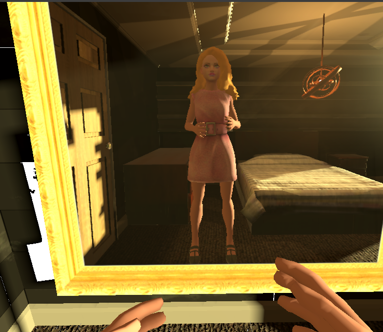 En la primera escena, el avatar femenino se encontraba en su dormitorio, de pie frente al espejo, preparándose para salir a una fiesta.