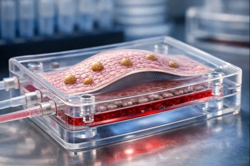 Imagen conceptual de un pulmón en un chip, que recrea los alvéolos humanos mediante células madre genéticamente idénticas y una membrana flexible que simula la respiración.