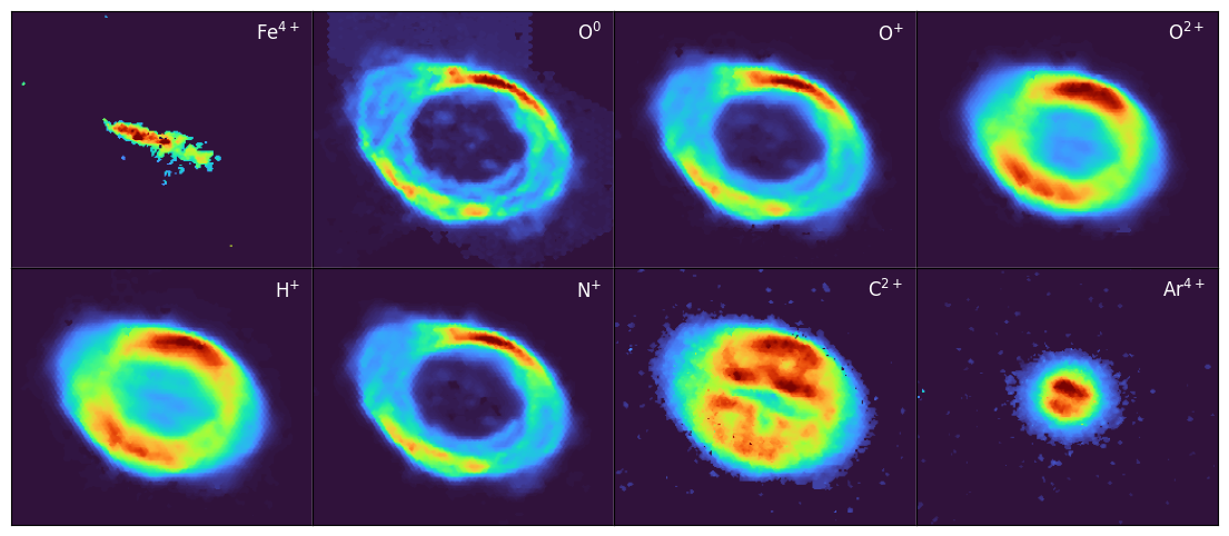 Conjunto ilustrativo de ocho imágenes de líneas de emisión de la nebulosa del Anillo obtenidas con WEAVE/LIFU, donde el color indica la intensidad de la radiación emitida.