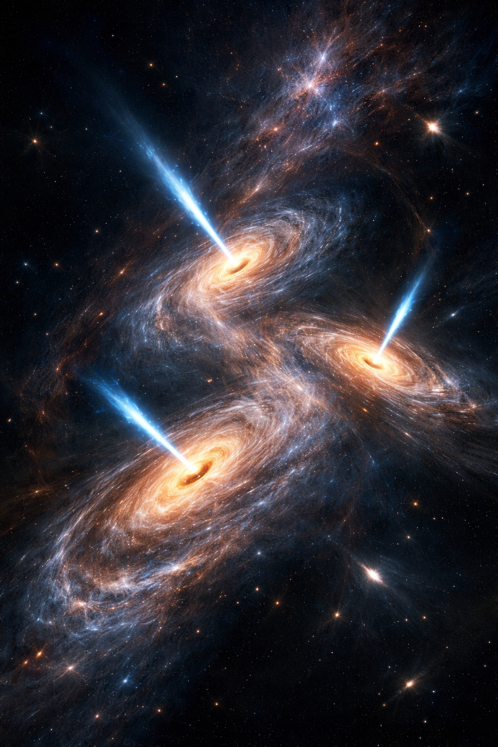 . La escena recrea el caso J1218/J1219+1035, donde tres galaxias en colisión albergan agujeros negros que se alimentan de gas y emiten en radio, un hallazgo clave para entender cómo crecen estos objetos durante las fusiones de galaxias.