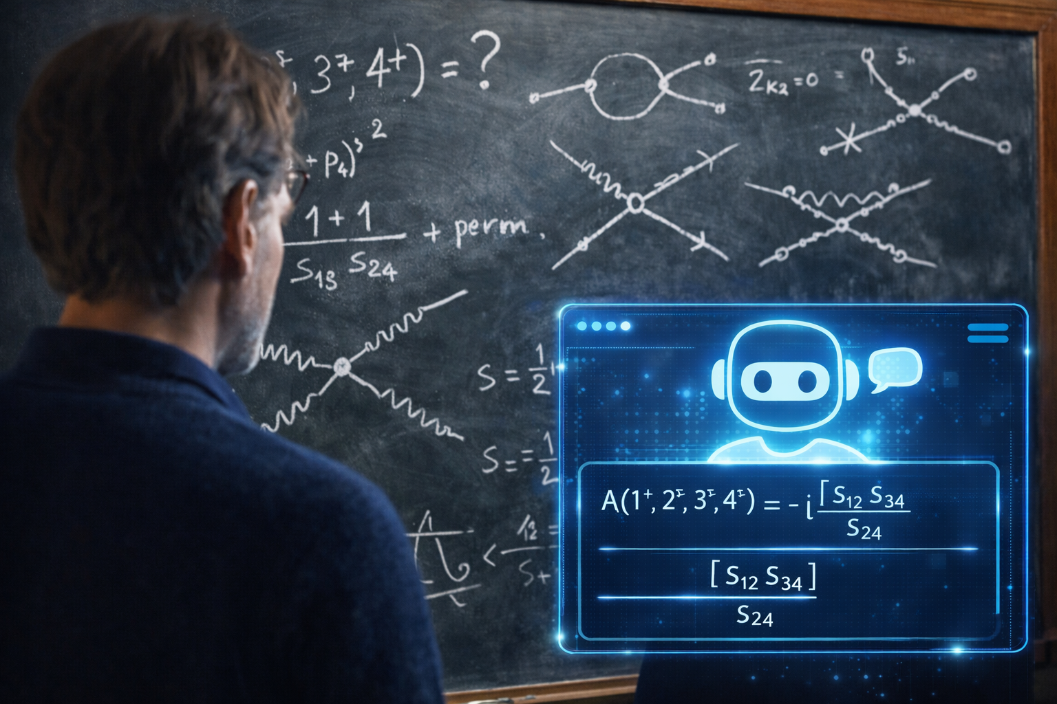 Imagen artística de un físico teórico analiza ecuaciones de gluones mientras una interfaz de chatbot propone una solución: la investigación científica empieza a ser un trabajo compartido entre humanos e inteligencia artificial.