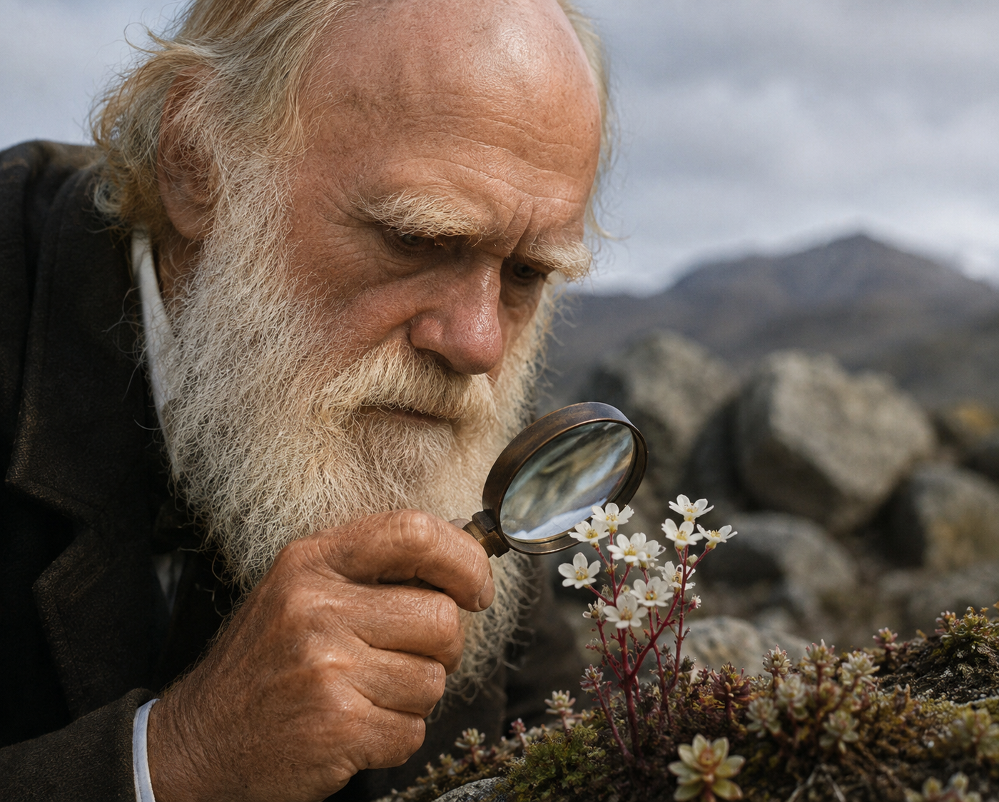 Recreación artística de Charles Darwin examinando con una lupa un ejemplar de Saxifraga candelabrum, la flor alpina cuya capacidad carnívora acaba de confirmar un estudio científico