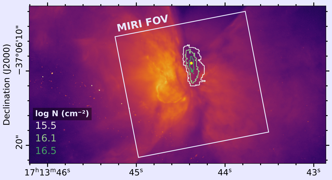 Mapa de la nebulosa planetaria NGC 6302 donde se ha detectado hielo de dióxido de carbono (CO₂). La imagen muestra observaciones del telescopio Hubble, mientras que el recuadro blanco indica el área estudiada con el James Webb.