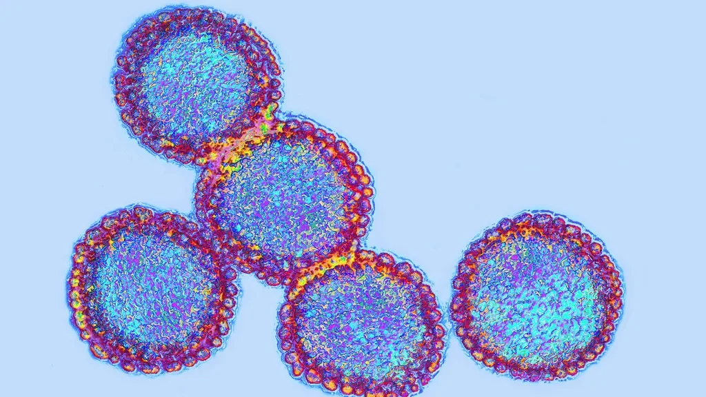 Micrografía electrónica coloreada de varias partículas del virus de la gripe (influenza).