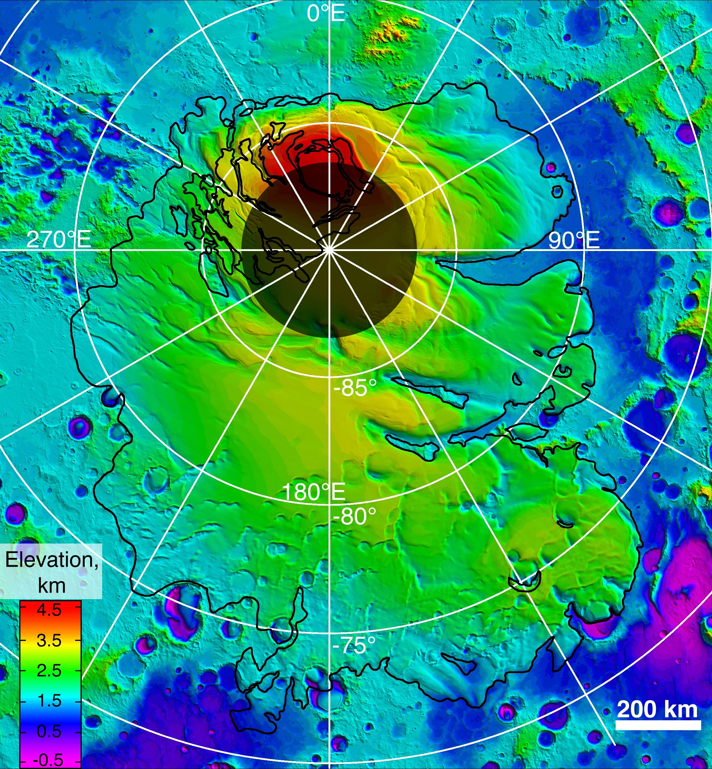 Mapa topográfico del polo sur de Marte elaborado con datos del altímetro MOLA, a bordo de la sonda Mars Global Surveyor.