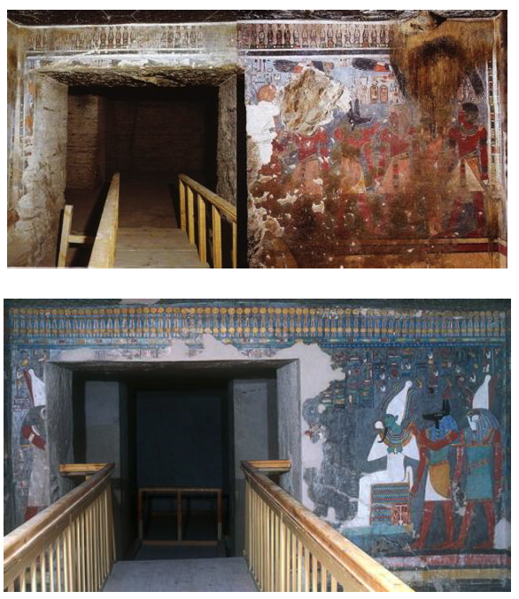 Paredes del fondo de los pozos funerarios de las tumbas WV22, perteneciente a Amenhotep III, arriba, y KV57, de Horemheb, abajo.