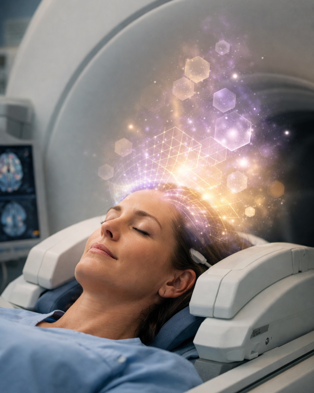 Recreación de una mujer en un escáner cerebral mientras entra voluntariamente en un estado de conciencia alterado, con patrones visuales internos similares a los descritos en experiencias psicodélicas sin uso de fármacos.