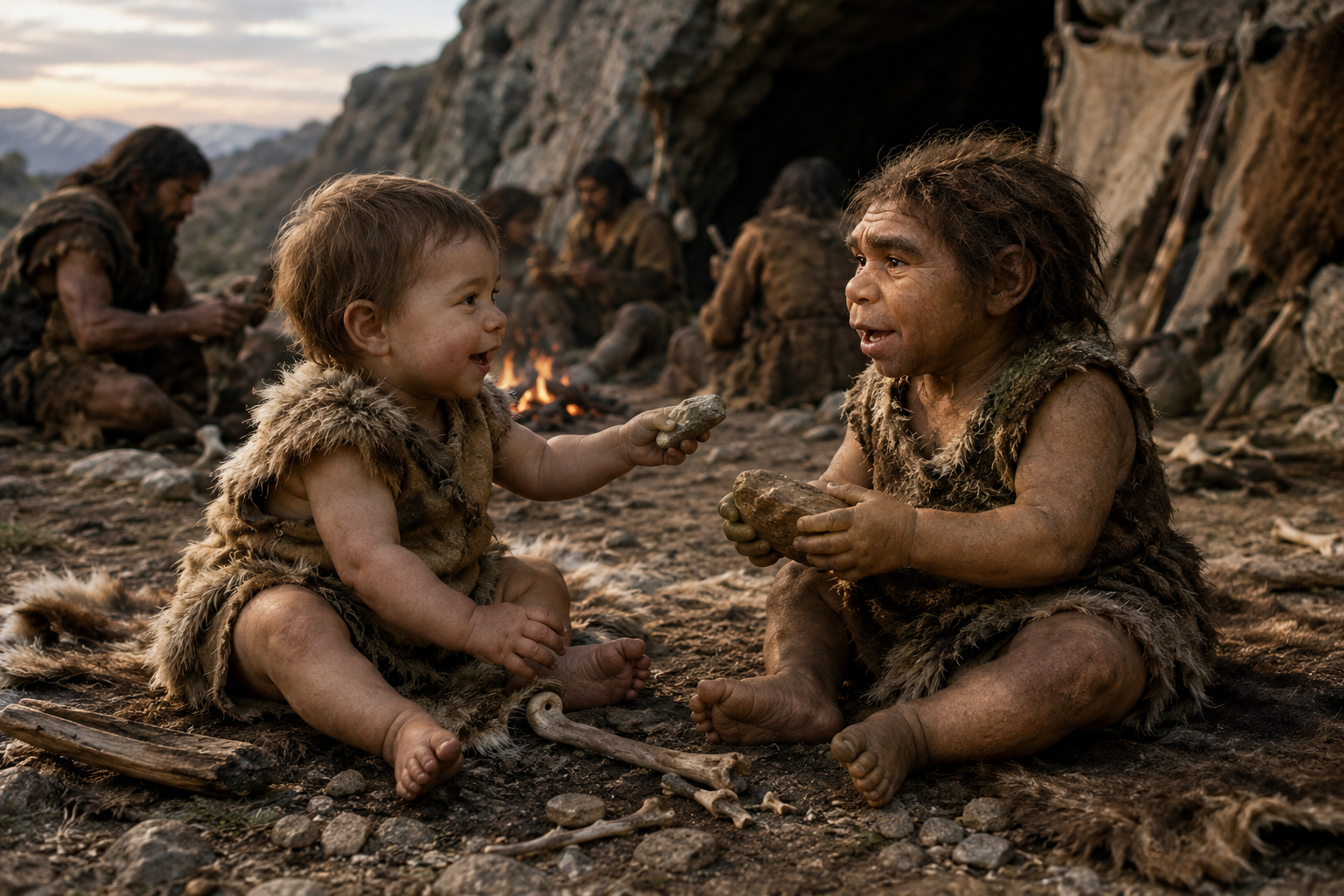Recreación artística de dos bebés —un Homo sapiens y un neandertal— compartiendo juegos en un campamento paleolítico hace unos 60.000 años.