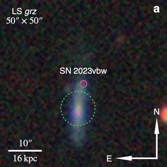 Imagen de la galaxia enana anfitriona de la supernova SN 2023vbw. El círculo magenta señala la posición de la explosión estelar, situada en las afueras de una pequeña galaxia pobre en elementos pesados.