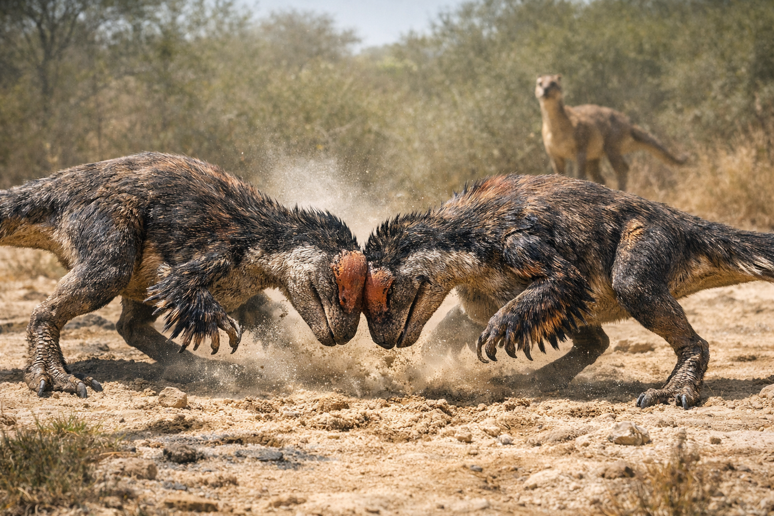 Recreación artística de dos machos de Xenovenator espinosai enfrentándose en un combate ritual a cabezazos