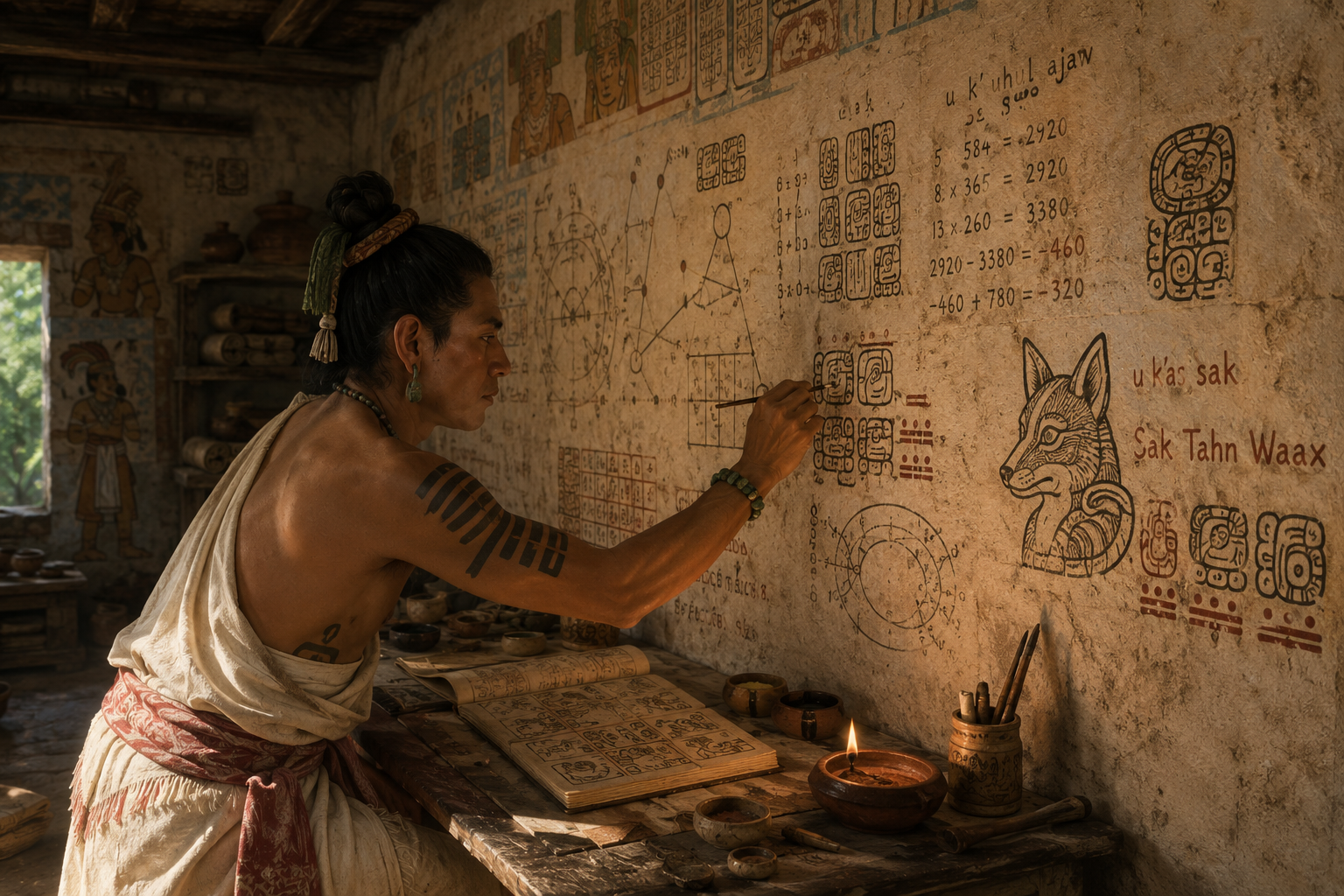 Recreación artística de cómo pudo trabajar Sak Tahn Waax en su taller de Xultún hacia el año 781 d. C.