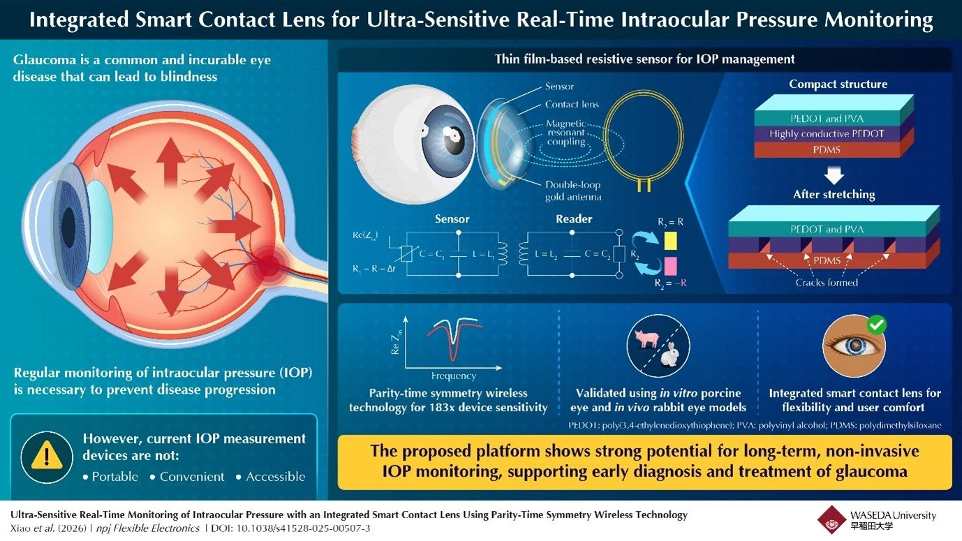 Ilustración conceptual de una lente de contacto inteligente que utiliza tecnología inalámbrica basada en simetría paridad-tiempo para monitorizar con alta sensibilidad y en tiempo real la presión intraocular.