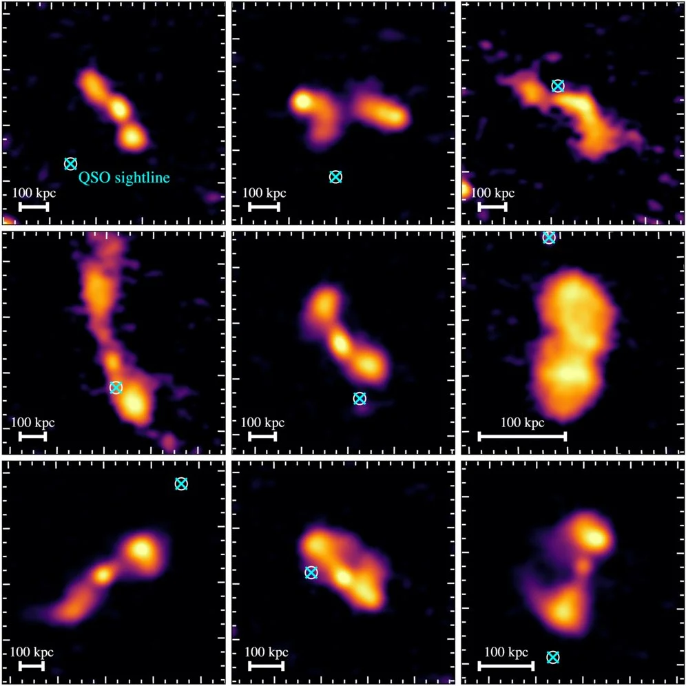 Imágenes de radio obtenidas por LOFAR de nueve de las radiogalaxias analizadas en el estudio.