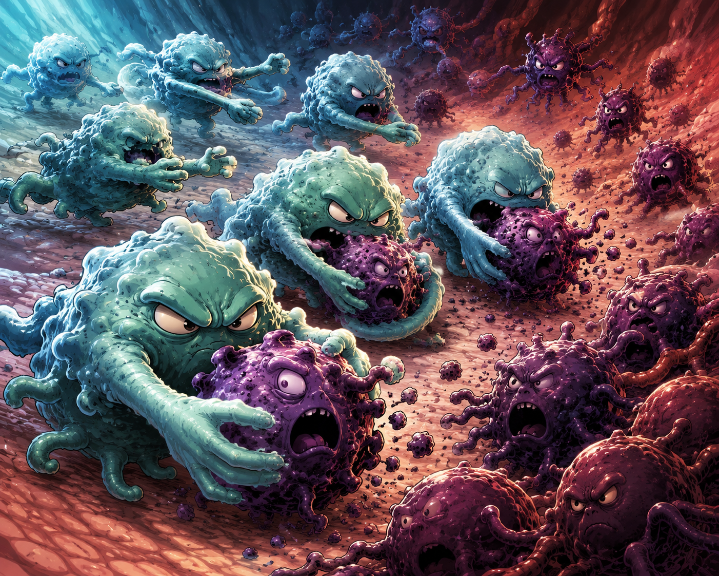 Macrófagos del sistema inmunitario —representados en azul— atacan y devoran células de melanoma en una recreación artística inspirada en el hallazgo del Instituto Garvan, que logró grabar por primera vez este proceso en tiempo real.