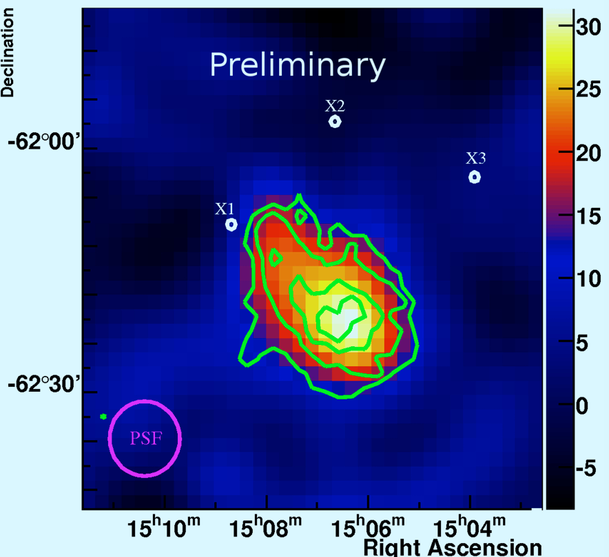 Mapa de rayos gamma de la enigmática fuente HESS J1507-622. Los colores más cálidos indican una mayor intensidad de radiación y los contornos verdes delimitan la señal detectada.
