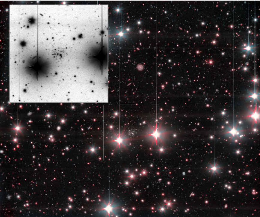 Imagen de Andrómeda XXXVI obtenida con el instrumento OSIRIS+ del Gran Telescopio Canarias: la tenue galaxia enana aparece como una ligera sobredensidad de estrellas entre dos brillantes estrellas en primer plano