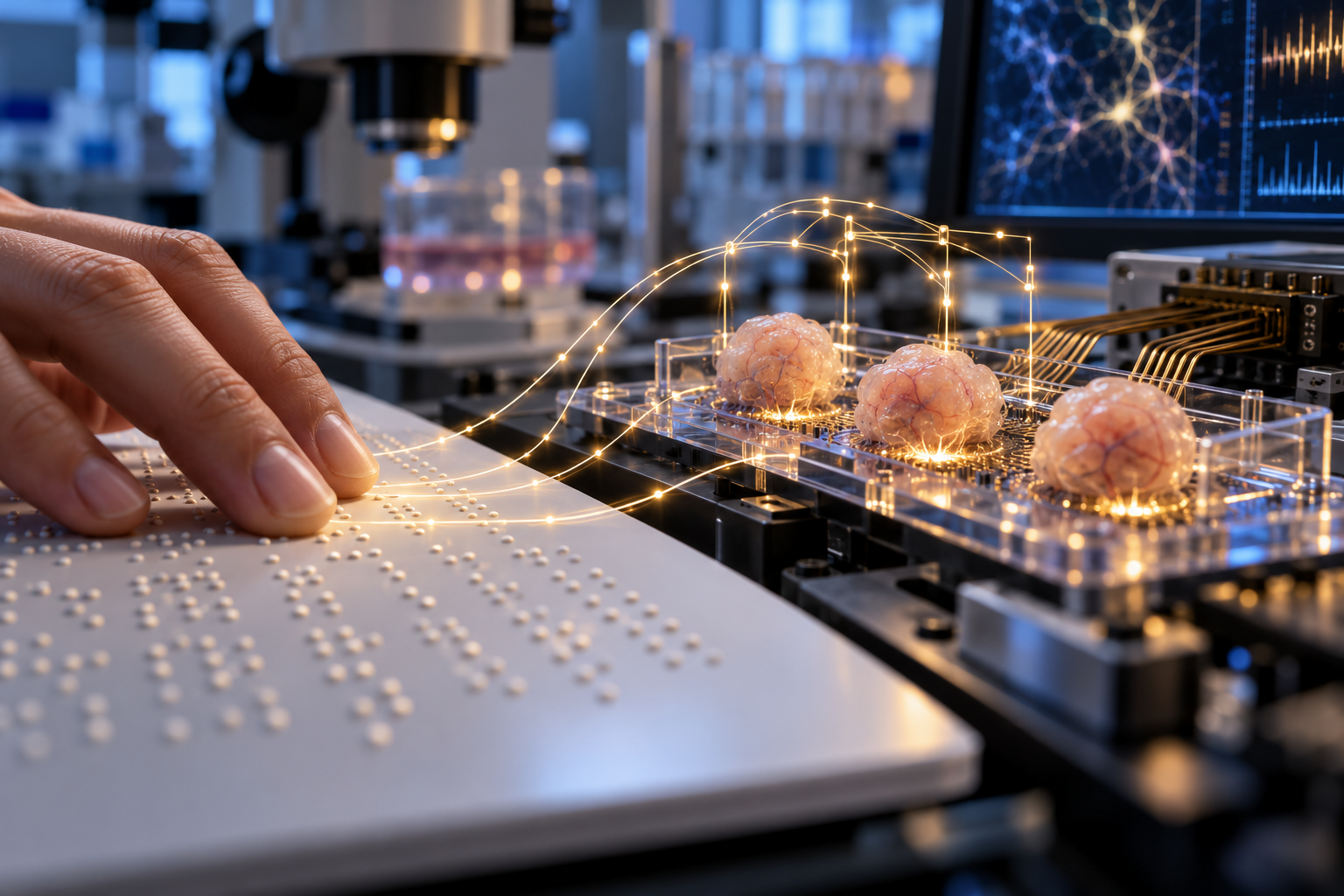 Recreación artística de un sistema de informática biohíbrida en el que tres diminutos organoides cerebrales reciben señales táctiles del alfabeto braille y las transforman en actividad neuronal que puede interpretar un ordenador.
