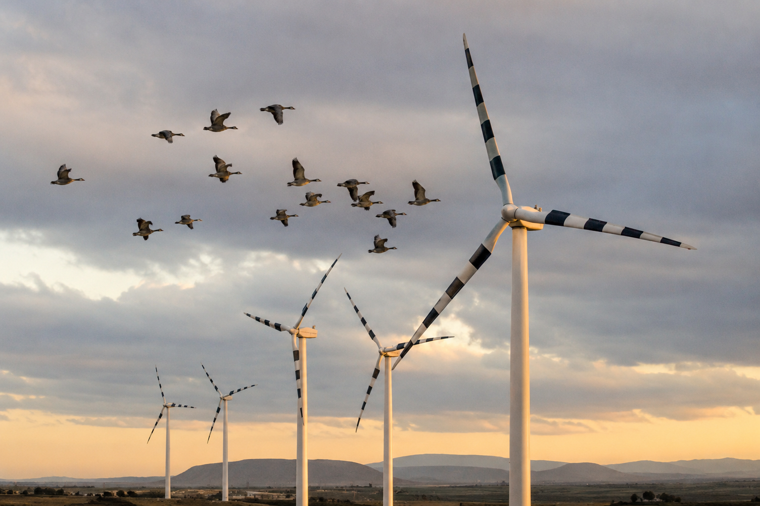 Recreación atísitica de una bandada de aves sobrevuela un parque eólico con aspas rayadas, un diseño experimental inspirado en la visión animal que podría reducir las colisiones contra aerogeneradores.