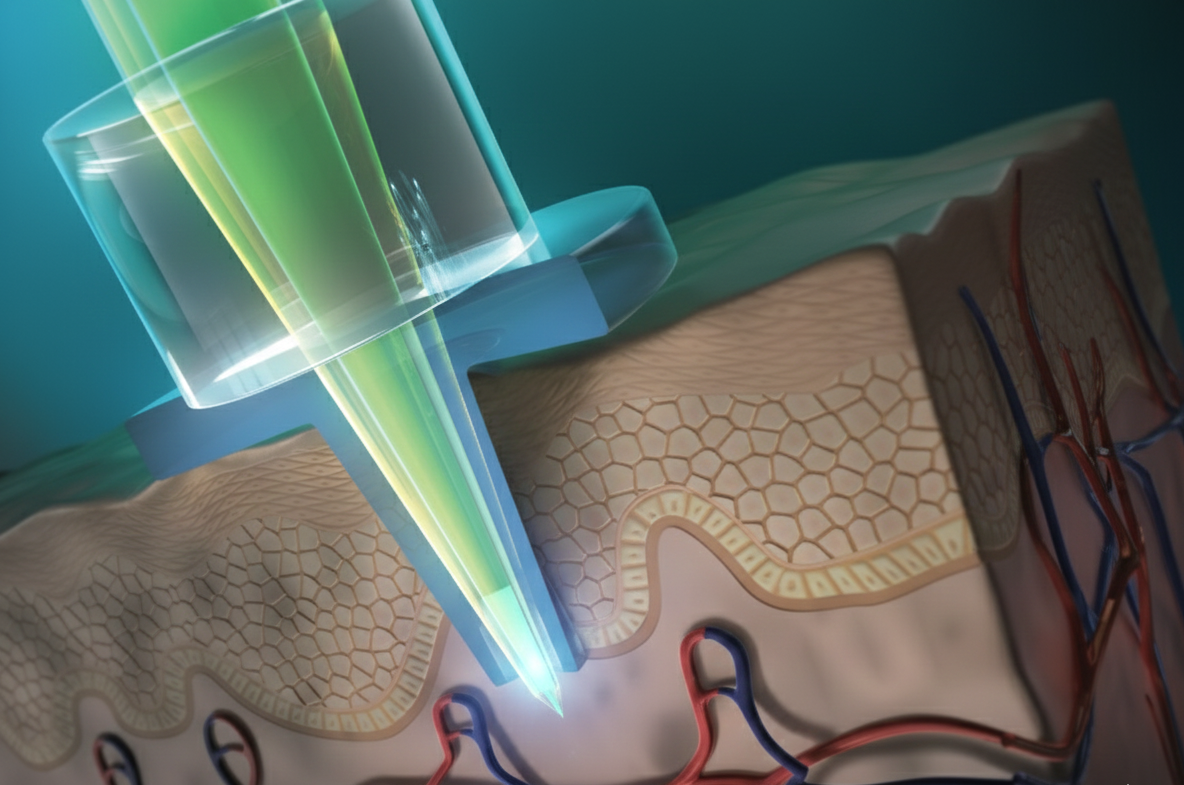 Ilustración del funcionamiento del primer dispositivo óptico de microagujas capaz de cuantificar la concentración de glucosa en volúmenes ultrabajos, del orden de subnanolitros, directamente en el líquido intersticial de la piel.
