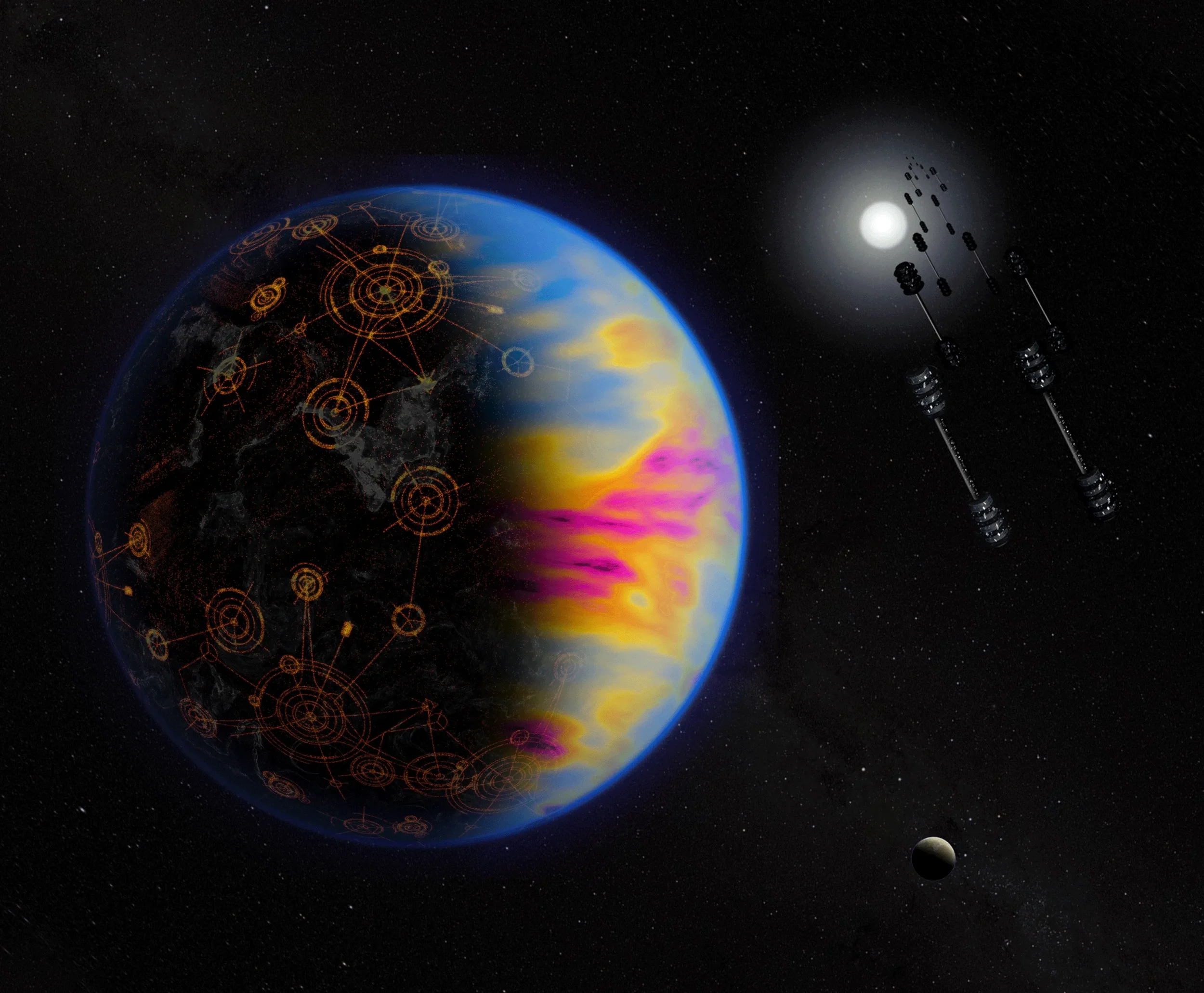 Recreación artística de un exoplaneta con una civilización tecnológicamente avanzada.