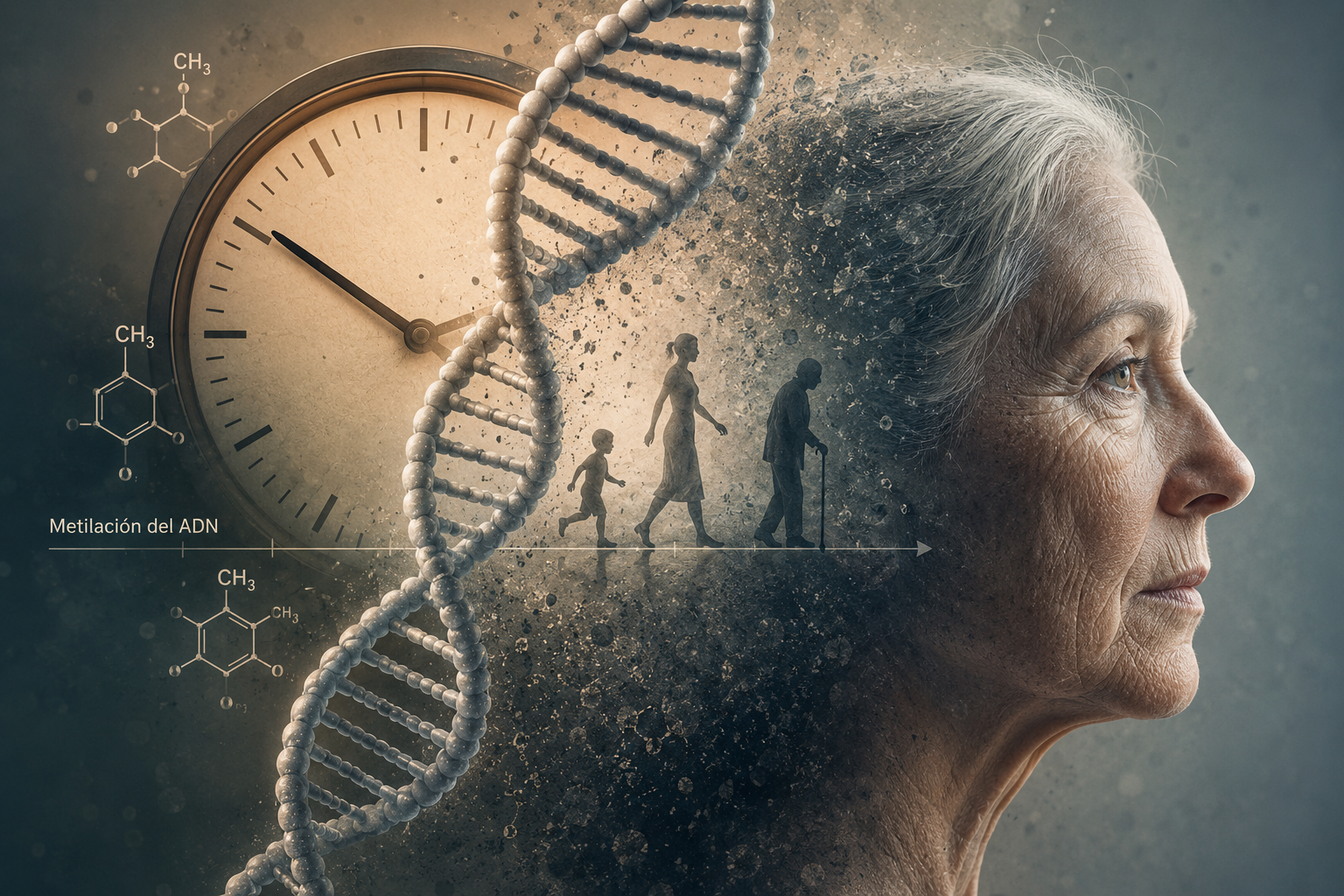 Ilustración conceptual del reloj biológico: las marcas químicas que se acumulan sobre el ADN con el paso del tiempo podrían no solo reflejar la edad biológica, sino también contribuir al proceso de envejecimiento.
