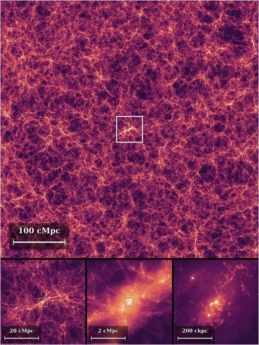 La simulación Lumina permite acercarse progresivamente desde la inmensa red cósmica hasta una de sus mayores concentraciones de materia, mostrando los filamentos de gas que la alimentan y la estructura estelar compacta de su centro.