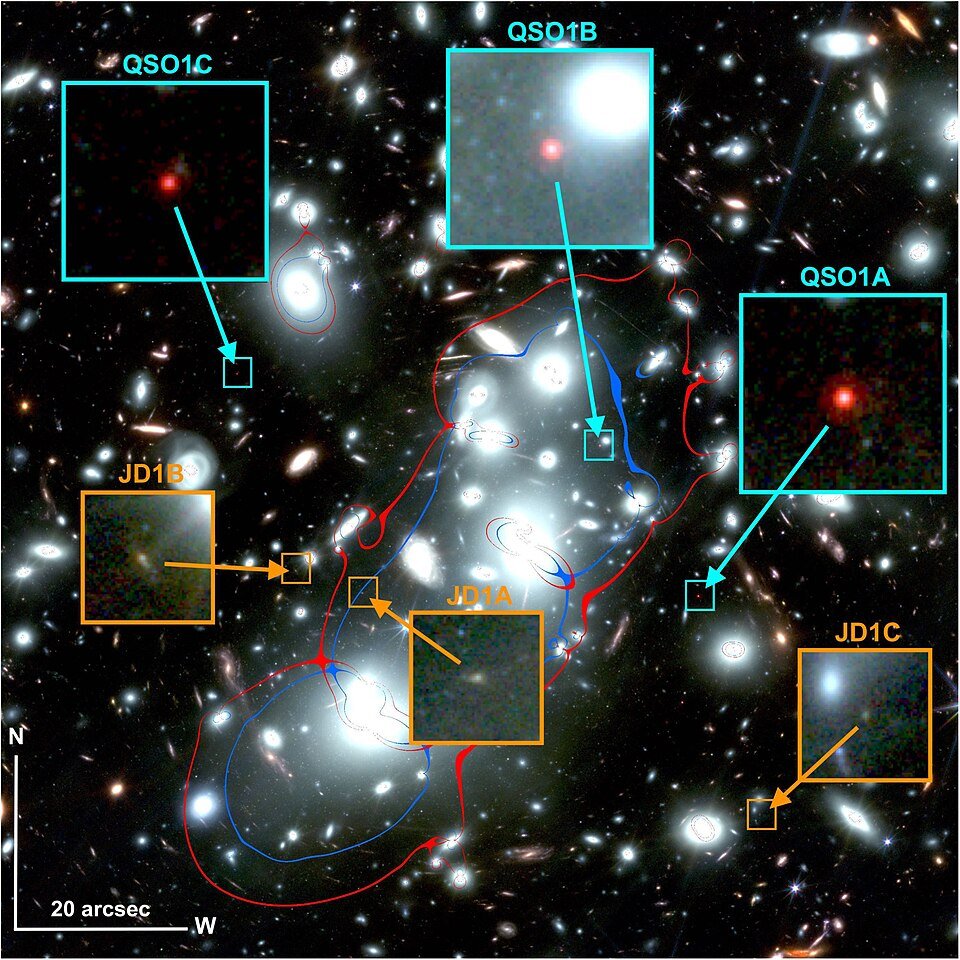 Imagen de campo profundo del telescopio espacial James Webb del cúmulo Abell 2744, donde se identifican múltiples imágenes del sistema Abell 2744-QSO1 (en turquesa)