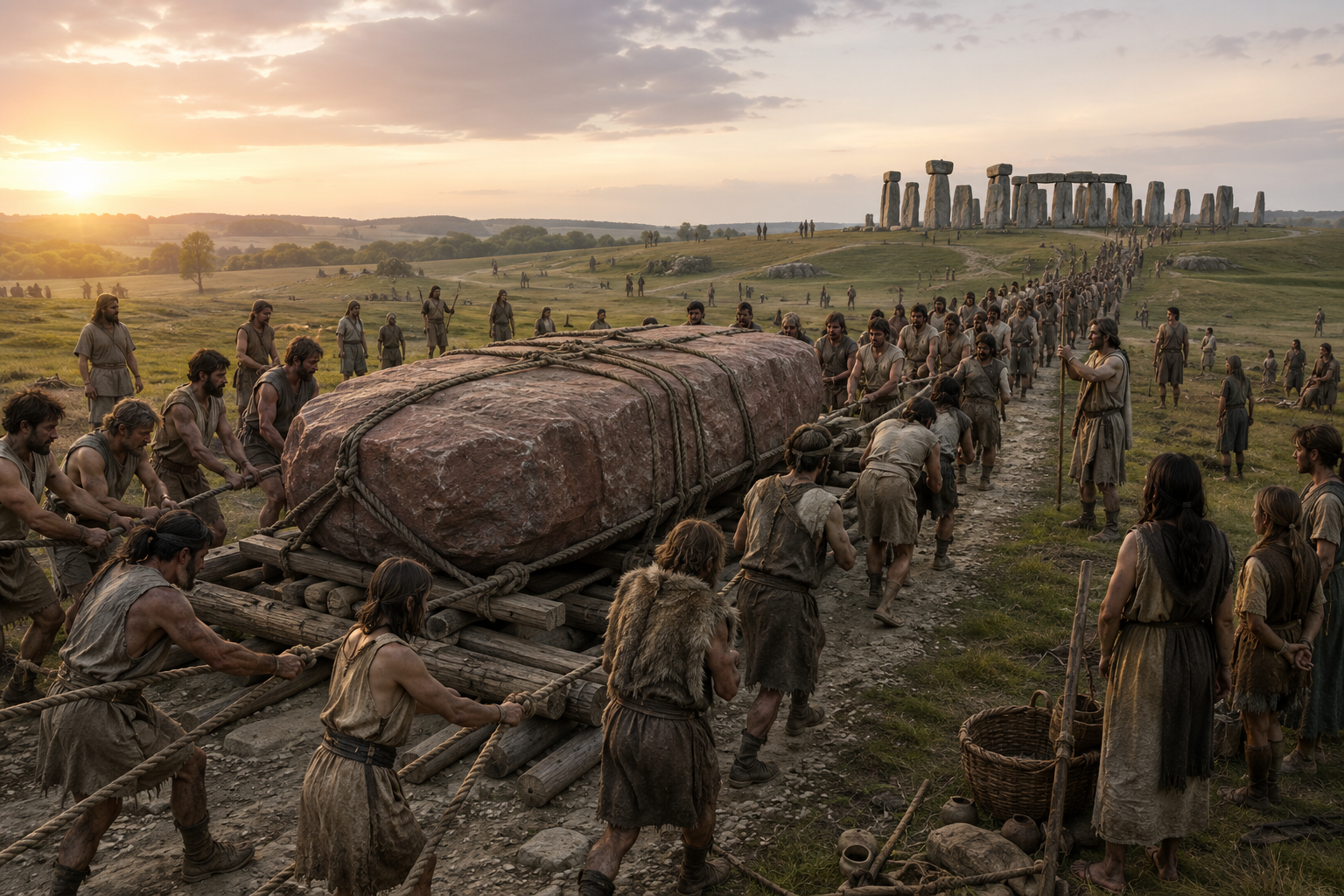 Recreación artística del traslado de la  piedra del Altar hacia Stonehenge hace más de 4.500 años.
