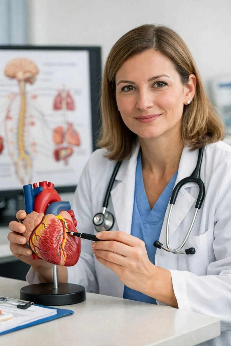 Imagen generada con IA de una cardióloga mostrando una maqueta de la ruta del nervio vago hacia el corazón