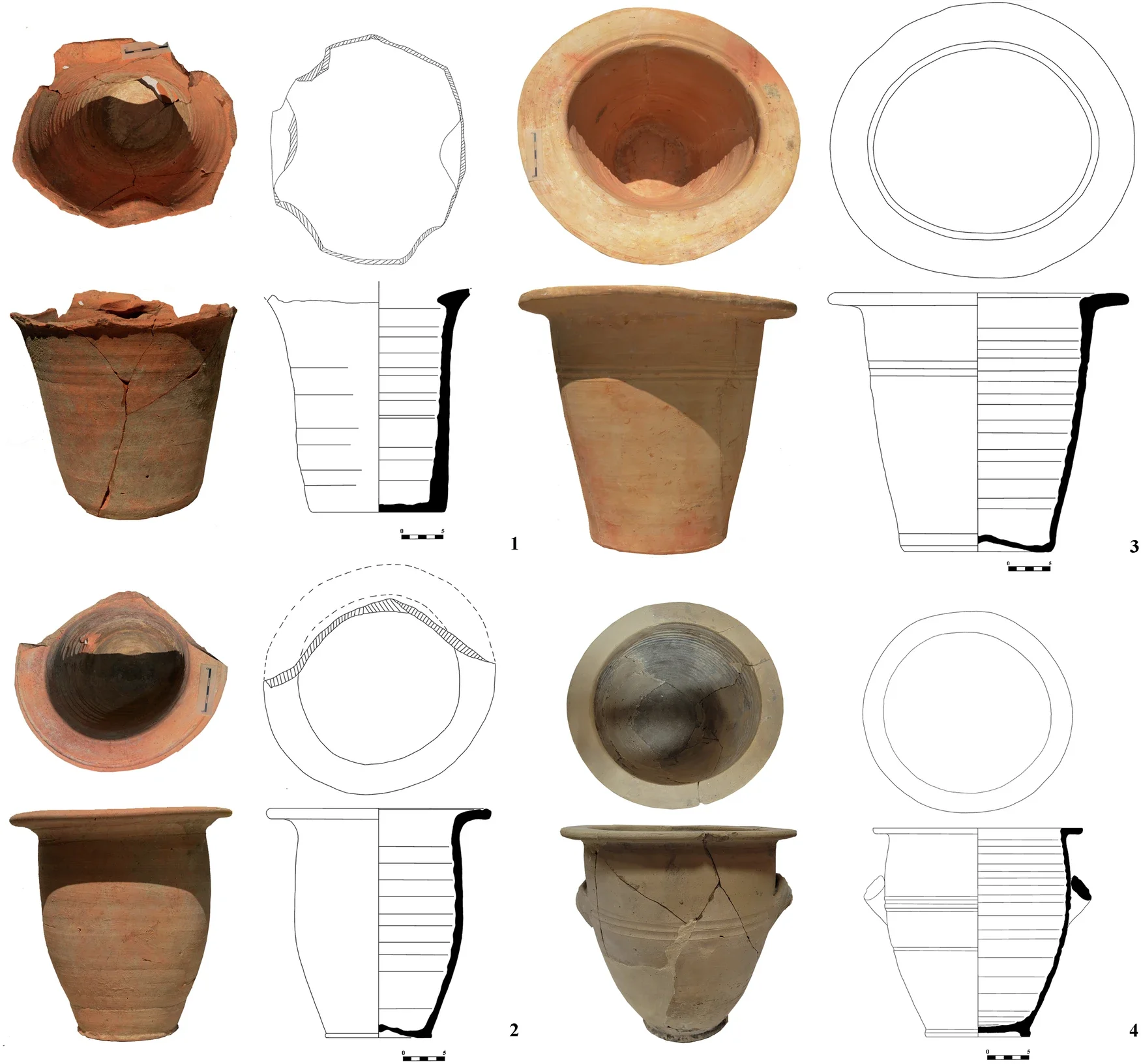 Orinales romanos hallados en Novae (1–3) y Marcianópolis (4), cuyos depósitos mineralizados han permitido identificar parásitos intestinales y rastrear antiguas infecciones.