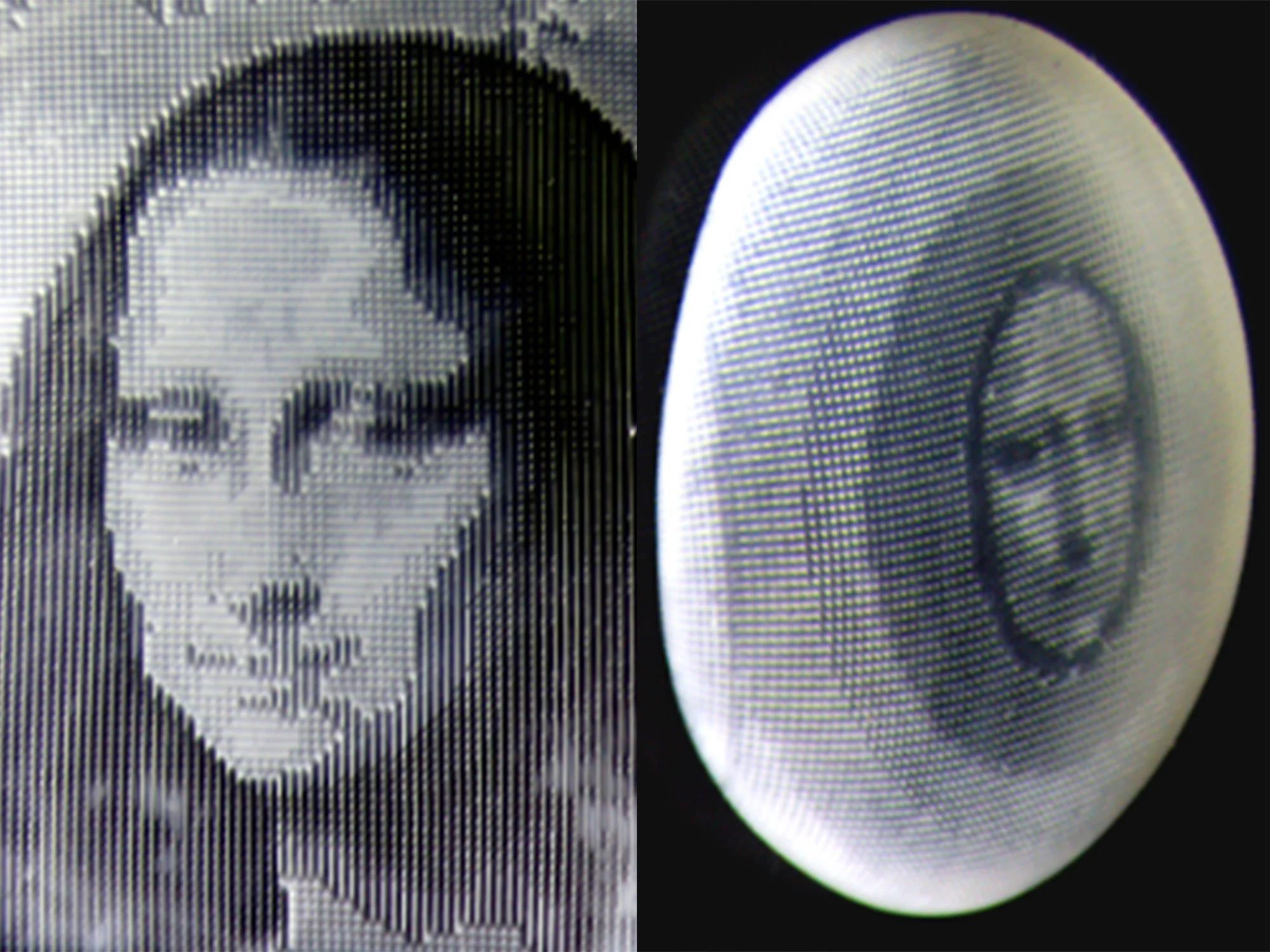 El equipo de científicos codificó la imagen de la Mona Lisa en la piel sintética inteligente (izquierda): inicialmente oculta, puede revelarse al estirarla, aplicar calor, exponerla a líquidos o transformar el material de 2D a 3D (derecha).