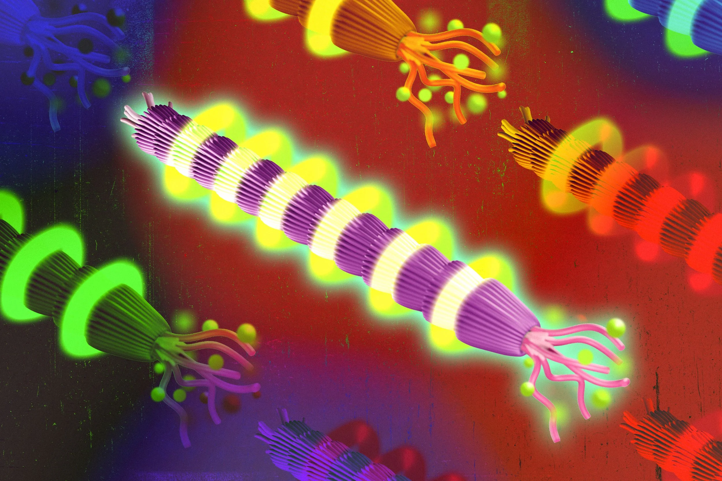 Ilustración del bacteriófago M13, un virus inofensivo modificado genéticamente para transportar antígenos cancerosos en su superficie y estimular las defensas contra los tumores.