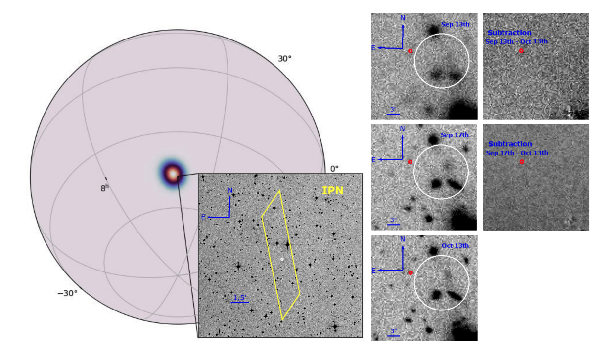 Localización del estallido GRB 230906A detectado por el instrumento GBM del satélite Fermi. Las imágenes del VLT muestran el campo observado y los círculos rojo y blanco indican la posición del evento medida por Chandra y Swift/XRT, respectivamente.