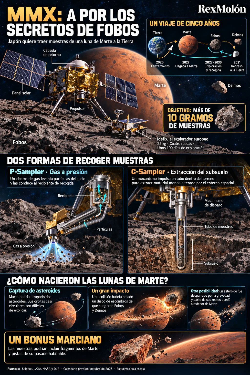 El viaje de MMX y sus sistemas de recogida de muestras para investigar el origen de las lunas de Marte y el pasado habitable del planeta rojo.