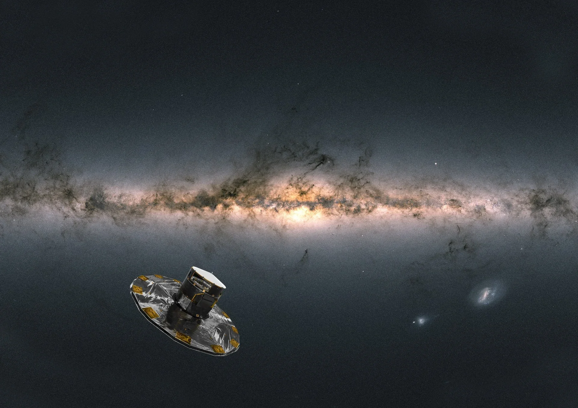 Recreación artística del satélite Gaia, cuyas observaciones han revelado pequeños retrocesos en enanas blancas recién formadas, una pista sobre la futura agonía del Sol.