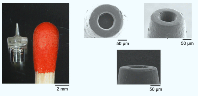 Dispositivo de microaguja de PLLA ya fabricado, comparable en longitud a la cabeza de una cerilla.
