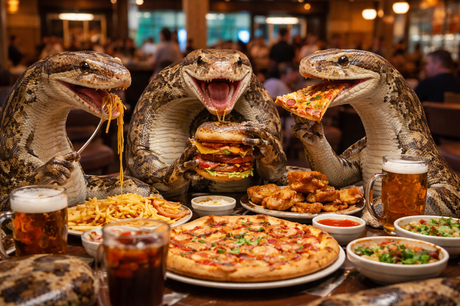 Recreación visual: varias pitones humanizadas comparten un banquete desmesurado, una metáfora del comportamiento alimentario extremo de estas serpientes, capaces de ingerir presas de gran tamaño tras largos periodos de ayuno.