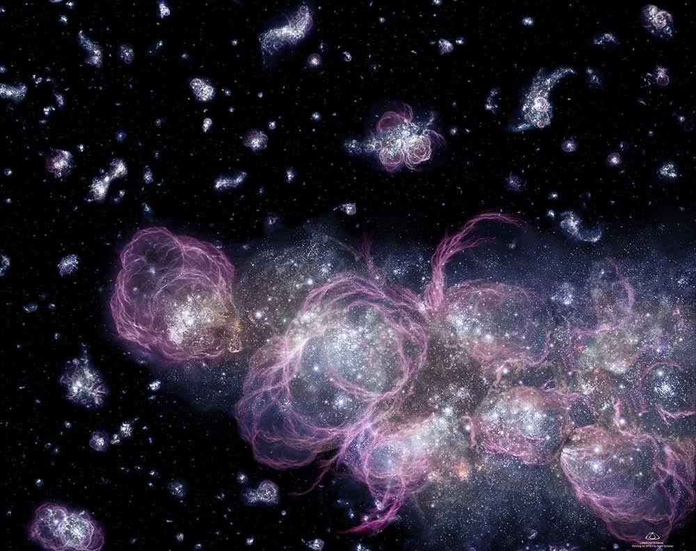 Recreación artística de las primeras estrellas del universo, que se habrían formado unos 100 millones de años después del big bang.